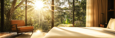 Sunlight pours through large windows into a tranquil bedroom where a comfortable bed is set against a backdrop of vibrant greenery creating a peaceful ambiance for relaxation.の素材