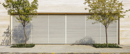 Two trees frame a modern structure with white horizontal wooden slats in a bright and open setting. The clean lines and greenery create a fresh atmosphere in the urban environment.の素材