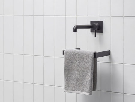 A sleek towel rack made of black metal showcases a gray towel draped neatly against a clean white tiled wall. The minimalist design complements a modern bathroom aesthetic.の素材