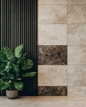 A lush green plant in a stylish pot stands beside an elegantly designed wall showcasing textured panels in soft shades. The interplay of materials and colors creates a cozy atmosphere.の素材