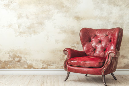 A vintage red armchair with tufted leather rests against a softly textured wall. The wooden floor enhances the cozy inviting atmosphere in the stylish interior space.の素材