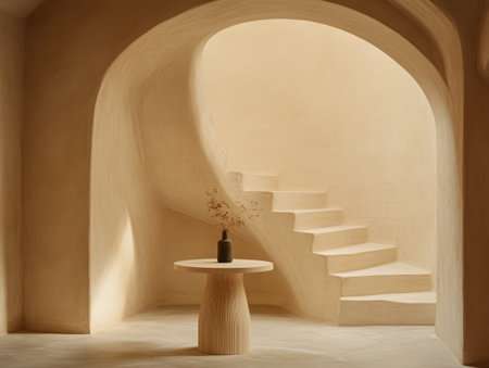 Soft natural light highlights a serene space featuring curved walls a simple table with a vase and a staircase. The neutral palette creates a calming atmosphere.の素材