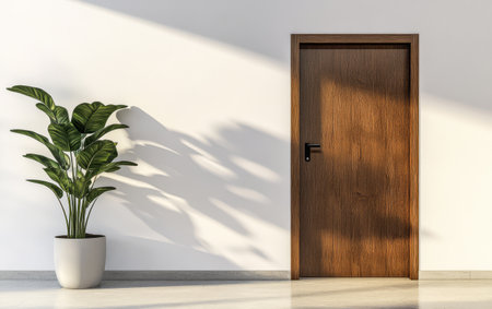 Bright indoor setting showcases a wooden door next to a lush green plant in a white pot. Natural light casts soft shadows on the wall enhancing the minimalist aesthetic.の素材