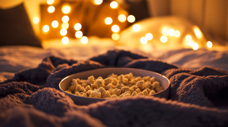 A bowl of freshly popped popcorn sits on a soft blanket in a cozy bedroom decorated with warm fairy lights. The inviting atmosphere suggests relaxation during a movie night.の素材