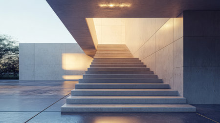 Clean lines and minimalist design define the stairs leading to a luminous entrance. Soft morning light casts shadows highlighting the simplicity and elegance of the architecture.の素材