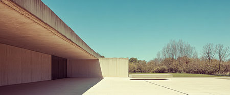 This location features a minimalist architectural design with smooth concrete surfaces and large open spaces. The daylight casts shadows enhancing the tranquil landscape with sparse greenery.の素材