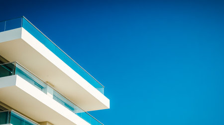 A contemporary building features clean lines and glass balconies under a bright blue sky. The structure reflects modern aesthetics and urban living at its best showcasing innovative design elements.の素材