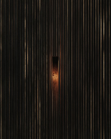 Vertical slats of dark wood create a textured surface while a small recessed area emits a soft warm light. This setup enhances an inviting atmosphere in the space.の素材