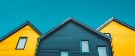 Three distinct houses feature bright yellow and dark blue exteriors against a clear blue sky. The architectural design showcases modern elements and large windows reflecting a lively atmosphere.の素材