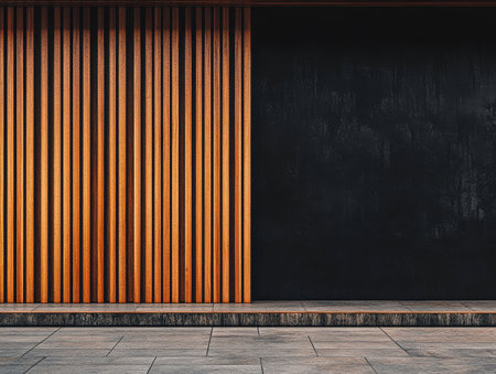 The composition features a striking contrast between a smooth dark wall and a textured wooden panel with vertical slats set in a contemporary outdoor environment.の素材