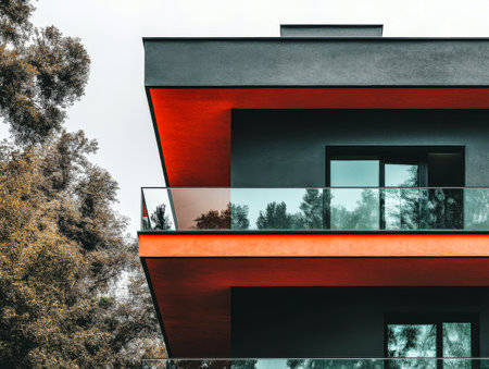 A striking modern building showcases bold geometric shapes and a contrasting color palette. The vibrant orange contrasts with sleek black surrounded by lush greenery.の素材