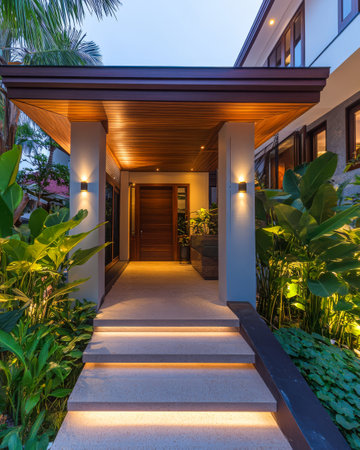 The entrance features a sleek path leading to a wooden door flanked by vibrant greenery and soft lighting that creates a warm inviting atmosphere at twilight.の素材