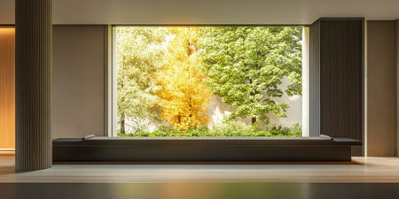 A spacious interior features a large window showcasing bright orange and yellow autumn leaves from nearby trees. The setting combines sleek design with natural beauty inviting tranquility.の素材