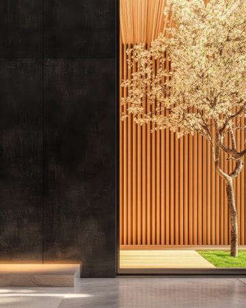 A contemporary living space showcases a striking blend of natural and modern elements. A cherry blossom tree stands elegantly behind a sleek dark wall illuminated by soft lighting.の素材