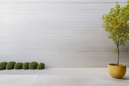 A minimalist garden features a smooth textured wall in light colors complemented by a neatly trimmed hedge and a potted tree that introduces greenery to the space. The design emphasizes simplicity.の素材