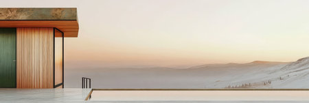 A contemporary building featuring large windows overlooks a tranquil pool and rolling hills at dusk. The warm colors of the sunset create a harmonious backdrop for relaxation.の素材