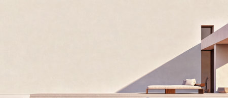 A beautifully designed outdoor area features a sleek bench with soft cushions placed against a smooth wall. Natural light creates an inviting atmosphere perfect for relaxation.の素材