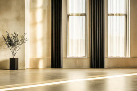 Sunlight streams through large windows illuminating a spacious room with pale walls and a potted green plant in the corner. Long curtains create a serene atmosphere.の素材