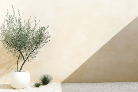 A beautiful olive tree is planted in a white pot beside small greenery set against a light beige wall. Soft shadows create a serene atmosphere in this outdoor space.の素材