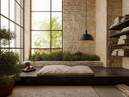A spacious indoor area showcases a minimalist design with large windows letting in natural light. A cozy seating pad rests on a sleek surface surrounded by greenery and books.の素材
