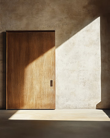 A wooden door with a sleek handle stands against a textured wall illuminated by natural light. Shadows create an atmosphere of simplicity and elegance in this serene setting.の素材
