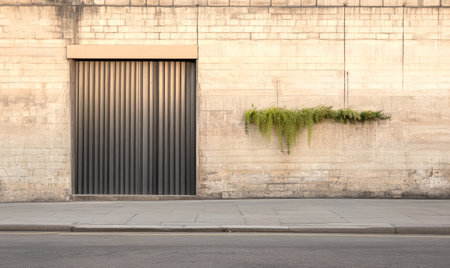 A sleek metal door stands against a textured concrete wall enhanced by cascading greenery. The warm evening light casts soft shadows creating a tranquil urban atmosphere.の素材