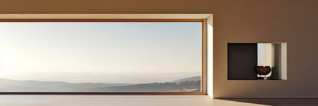 Minimalist interior features a large window offering a panoramic view of distant hills under a clear sky. A simple decorative bowl adds elegance to the space.の素材