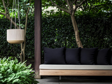A serene outdoor seating area features a comfortable wooden bench adorned with black cushions surrounded by vibrant plants and a hanging planter. The lush foliage provides a relaxing atmosphere.の素材