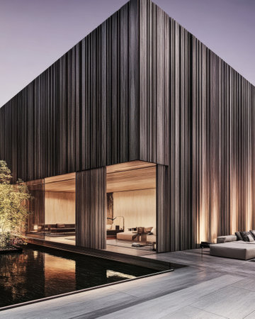 The striking building features a minimalist design with vertical wooden slats large glass windows and a peaceful reflection pool. Soft lighting enhances the atmosphere during dusk.の素材