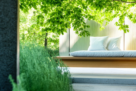 A stylish outdoor bedding area is tucked beneath vibrant green trees creating a serene environment for relaxation. Soft pillows invite lounging amidst natures beauty.の素材
