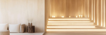 Soft lighting illuminates a minimalist space featuring natural textures with neutral colors. A cozy seating area invites relaxation complemented by decorative candles along gentle steps.の素材