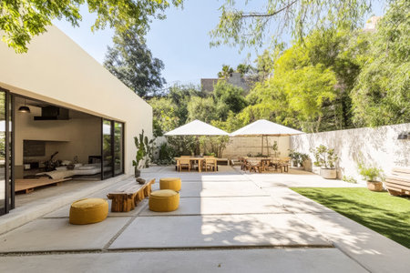 A spacious outdoor area features comfortable seating with yellow poufs and shaded tables surrounded by lush greenery. The peaceful setting invites relaxation and social gatherings.の素材
