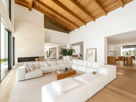 A bright living room showcases a large white sectional sofa surrounded by natural light. High wooden ceilings enhance the open atmosphere creating an inviting space for relaxation.の素材