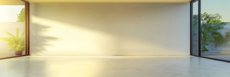 A bright and airy room features large windows allowing sunlight to pour in. A single plant adds a touch of nature creating a serene atmosphere in the late afternoon.の素材