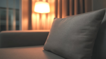 Soft cushion rests on a stylish couch in a cozy interior illuminated by a warm lamp. The atmosphere is inviting and serene perfect for relaxation in the evening.の素材