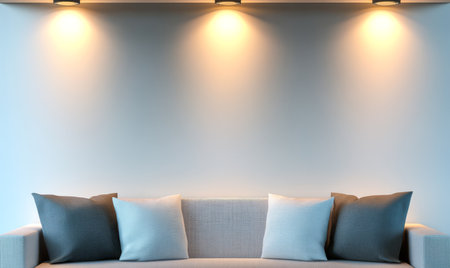 A stylish living room features a comfortable sofa adorned with soft neutral pillows. The warm lighting enhances the calm and inviting ambiance perfect for relaxation or social gatherings.の素材