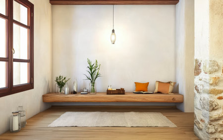 A warm and inviting space featuring a wooden bench adorned with orange cushions. Fresh plants and decorative items enhance the tranquil atmosphere perfect for relaxation.の素材