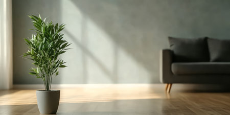 A bright living room features a green potted plant positioned on the wooden floor complemented by a stylish couch in a neutral tone. Sunlight fills the space creating a warm ambiance.の素材