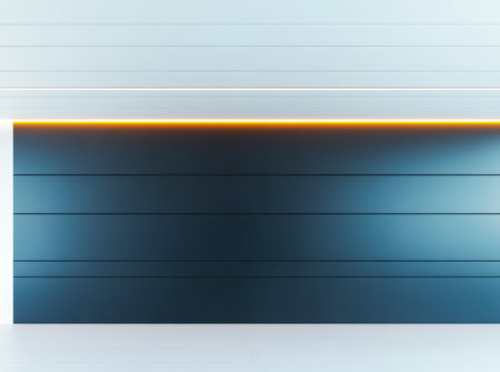 A contemporary interior featuring smooth surfaces and horizontal lines highlighted by soft ambient lighting. The design emphasizes simplicity and elegance in a calm setting.の素材