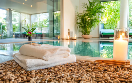 Soft white towels are neatly arranged on a bed of pebbles beside a tranquil pool. A lit candle adds warm ambiance to the serene spa atmosphere filled with greenery.の素材