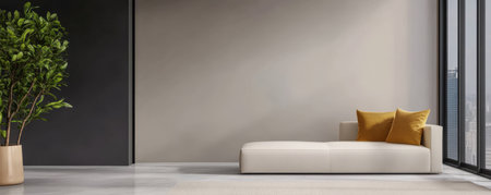 A cozy modern living room features a neutral-colored sofa with yellow pillows. A tall green plant stands beside the floor-to-ceiling windows showcasing an urban skyline.の素材