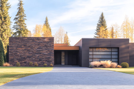 A contemporary house features a blend of stone and glass surrounded by tall trees and neatly trimmed grass. Soft sunlight highlights the structure in a tranquil outdoor setting.の素材