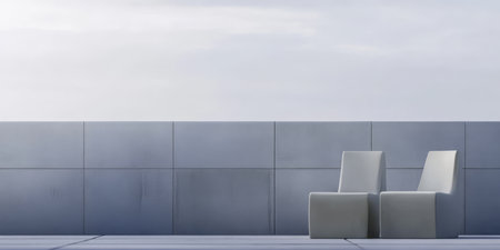 Two simple modern chairs are placed on a clean rooftop terrace. The setting is tranquil illuminated by soft dawn light creating a serene atmosphere against the clear sky.の素材