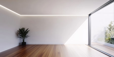 A spacious interior features polished wooden flooring a potted plant and abundant natural light streaming through a large window. The clean lines and lack of clutter enhance the tranquil atmosphere.の素材