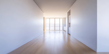 A spacious hallway features clean lines and a minimalist design. Abundant natural light streams in through large windows illuminating the smooth wooden flooring and pale walls.の素材