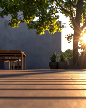 A tranquil outdoor seating area features a wooden deck a few chairs and tables and a backdrop of trees. The golden sunlight creates a warm atmosphere during sunset enhancing the peaceful ambiance.の素材
