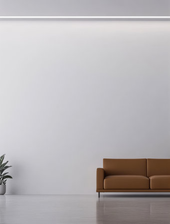 A stylish brown leather sofa is positioned against a minimalist white wall. A green potted plant adds a touch of nature creating a calm and inviting atmosphere in the contemporary setting.の素材