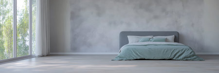 This spacious bedroom features a large bed with a light blue comforter against a soft gray wall. Natural light streams in from large windows enhancing the minimalist decor and open atmosphere.の素材