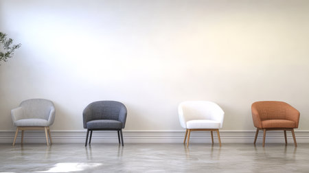 Four elegantly designed chairs in various colors are positioned symmetrically against a plain wall. The setting exudes a clean contemporary aesthetic that enhances the interior.の素材