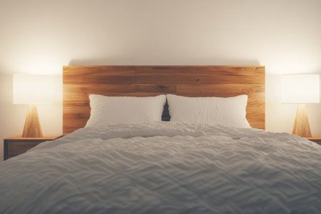 This cozy bedroom features a neatly made bed with plush white bedding accented by two stylish bedside lamps that create a warm inviting atmosphere. Soft lighting enhances relaxation.の素材